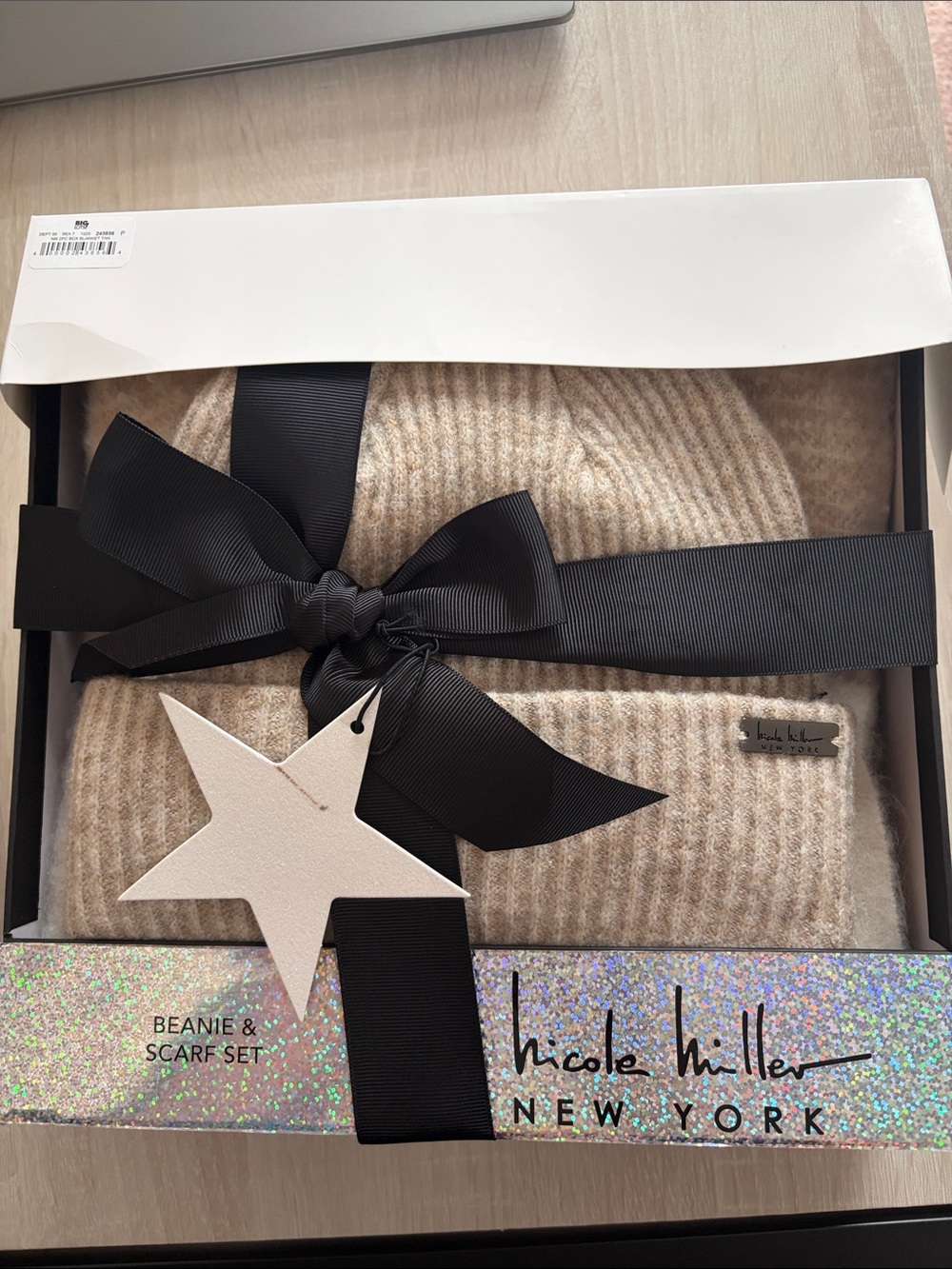 Nicole Miller Kids Ribbed Beanie & Scarf Set in Beige